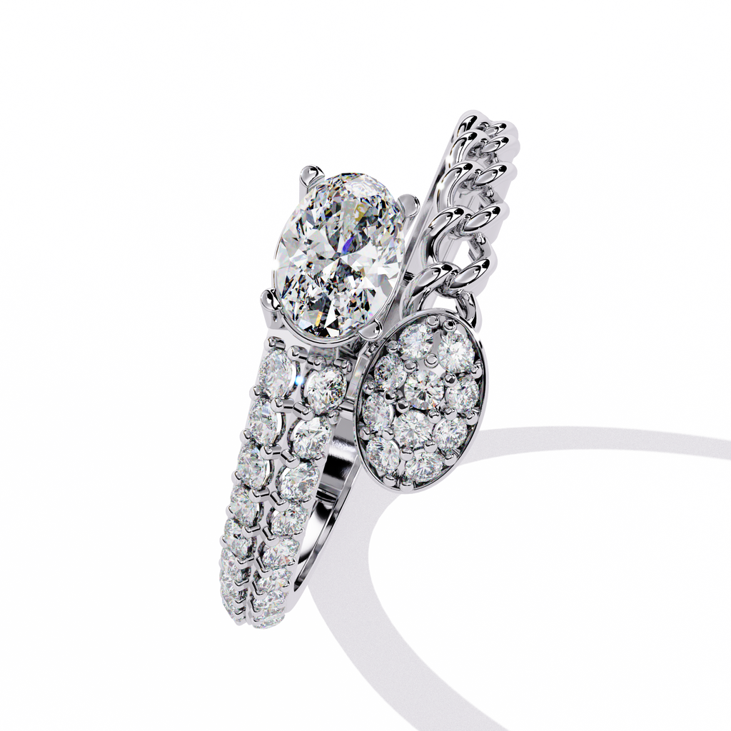 White Gold Oval and Pavé Cluster Chain Bypass Ring