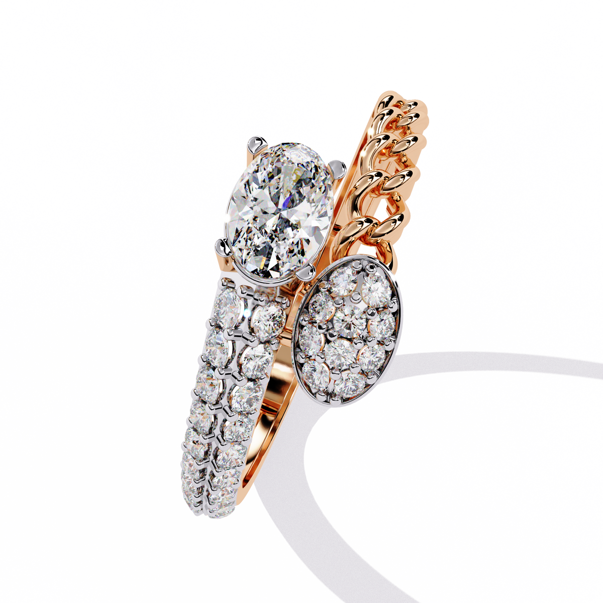 Gold Oval Diamond Toi et Moi Ring with Pavé Cluster and Curb Link