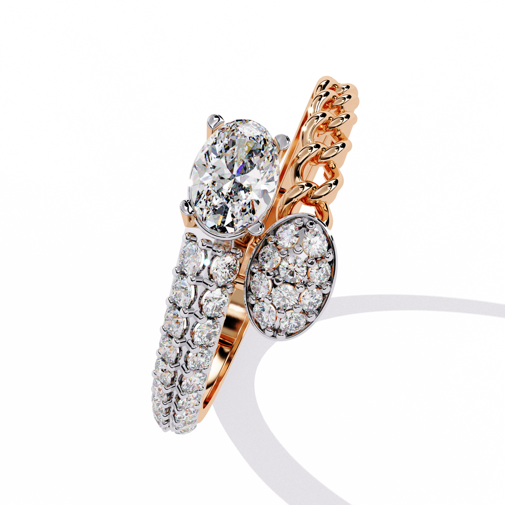Rose Gold Oval and Pavé Cluster Curb-Chain Bypass Ring