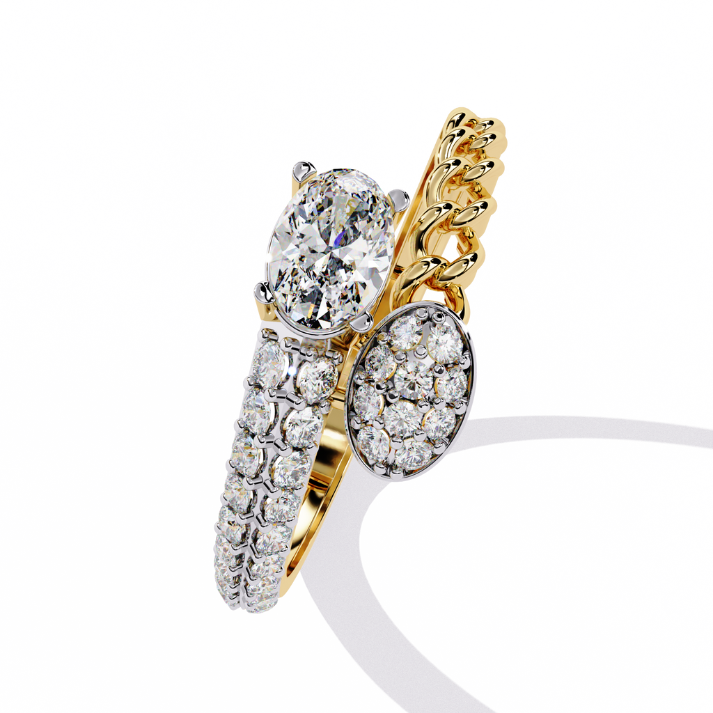 Gold Oval Diamond Toi et Moi Ring with Pavé Cluster and Curb Link