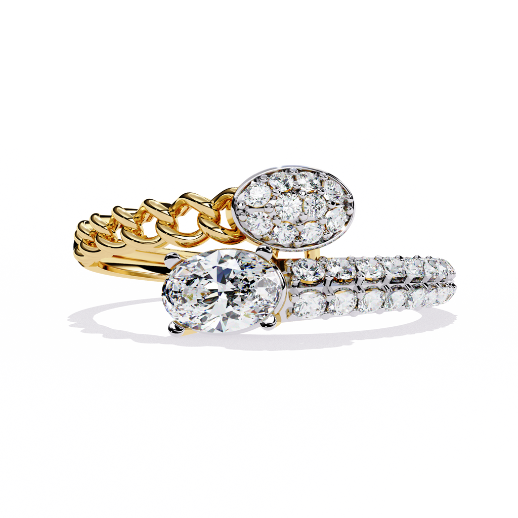 Gold Oval Diamond Toi et Moi Ring with Pavé Cluster and Curb Link