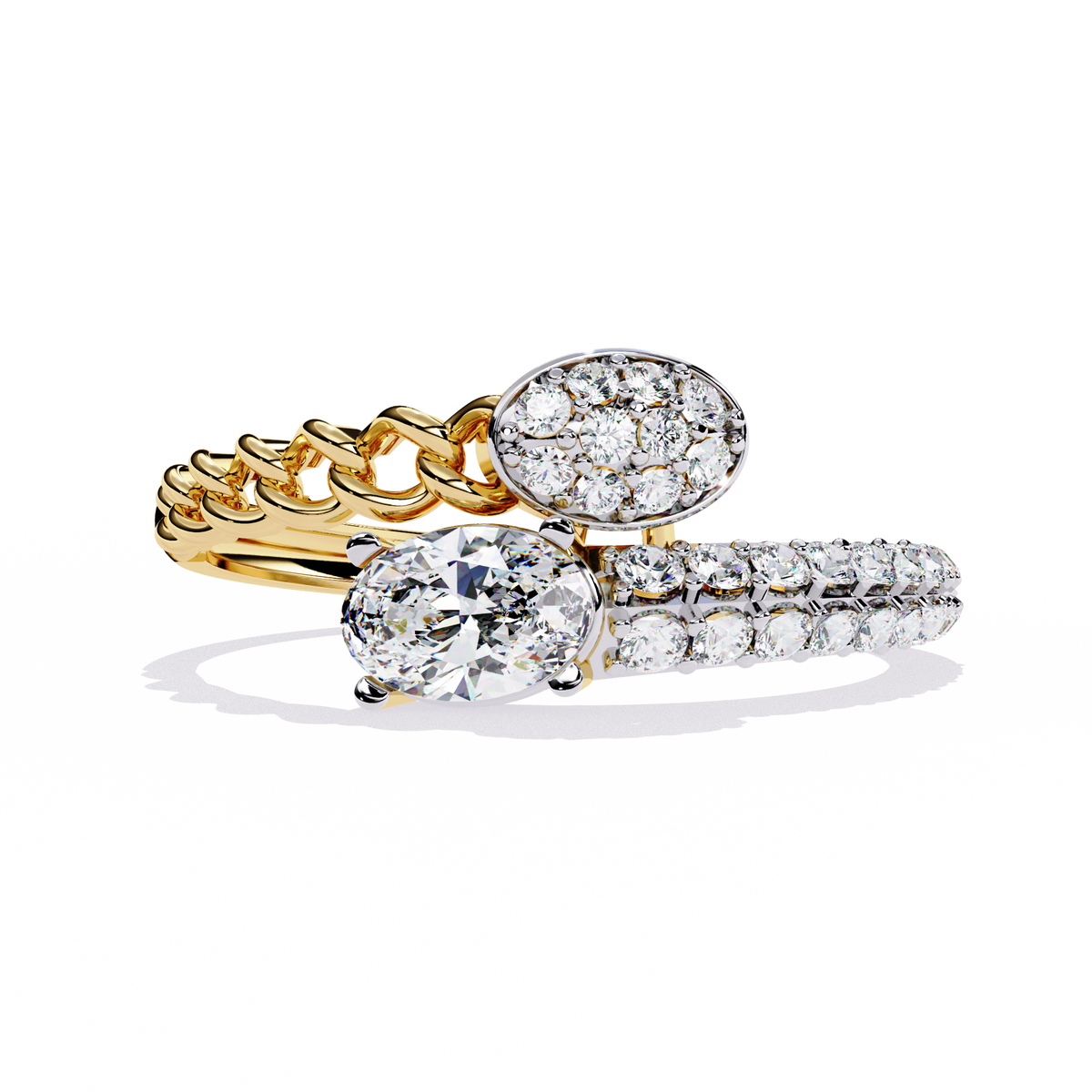 Gold Oval Diamond Toi et Moi Ring with Pavé Cluster and Curb Link