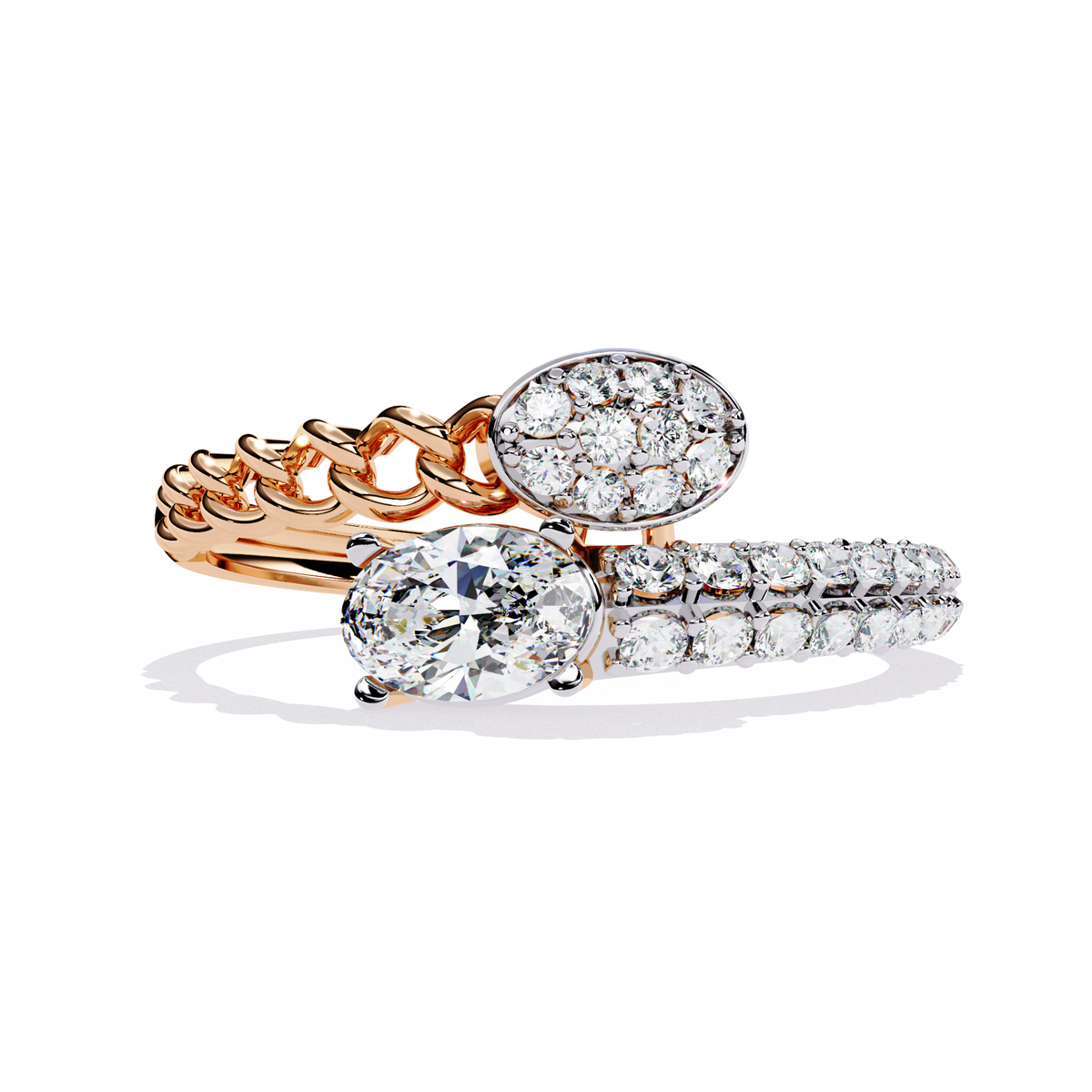 Gold Oval Diamond Toi et Moi Ring with Pavé Cluster and Curb Link