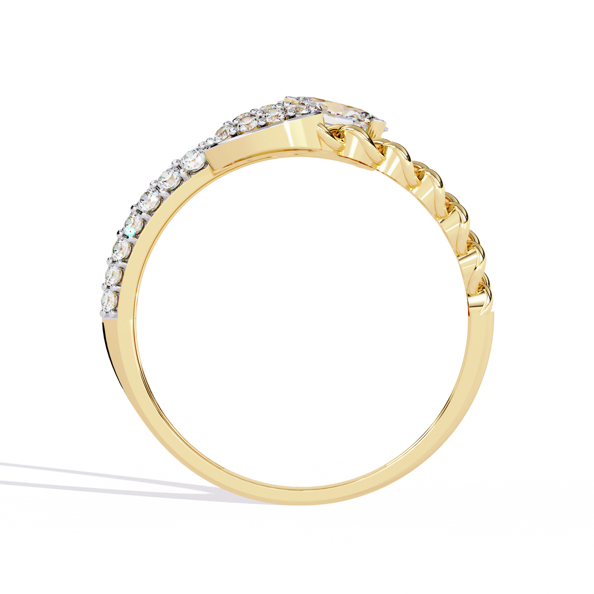 Gold Oval Diamond Toi et Moi Ring with Pavé Cluster and Curb Link