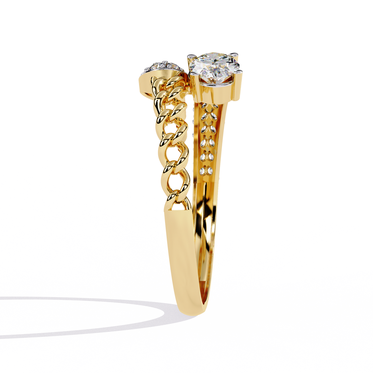 Gold Oval Diamond Toi et Moi Ring with Pavé Cluster and Curb Link