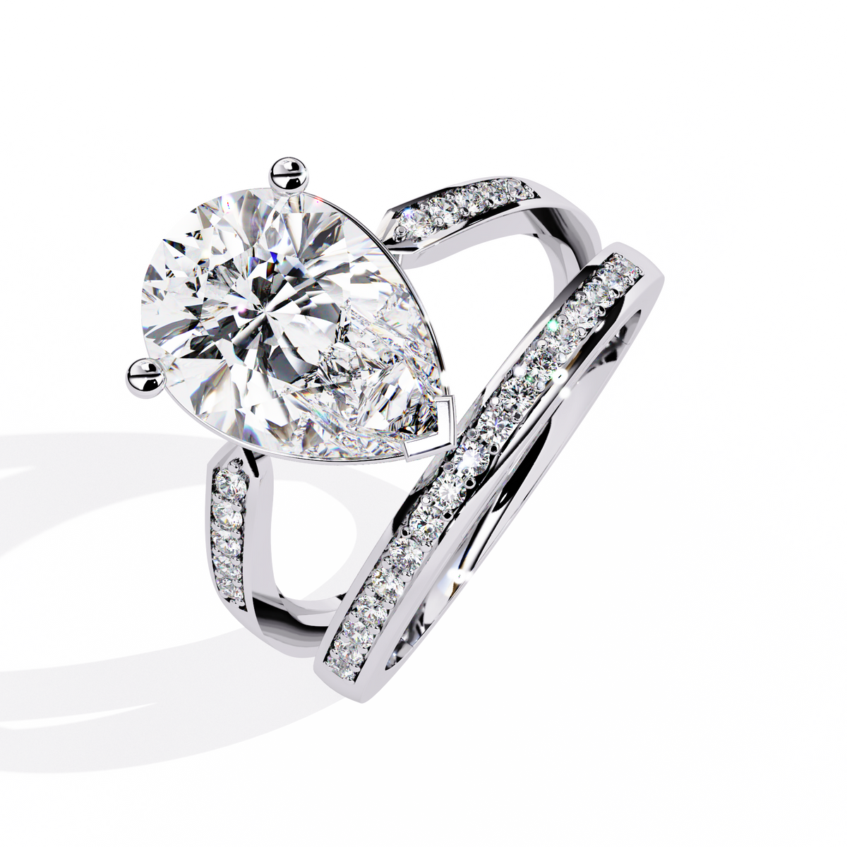 White Gold Pear Cut Diamond Crossover Pavé Ring