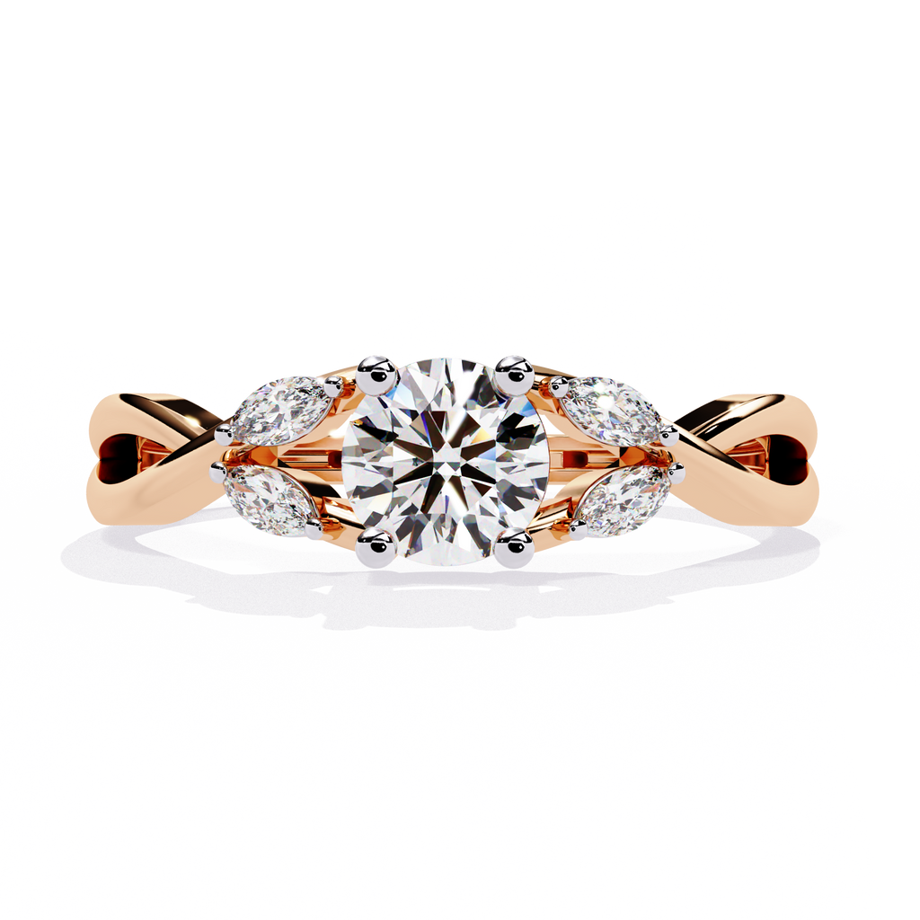 Gold Round Diamond Solitaire Ring with Marquise Leaf Vine Shank