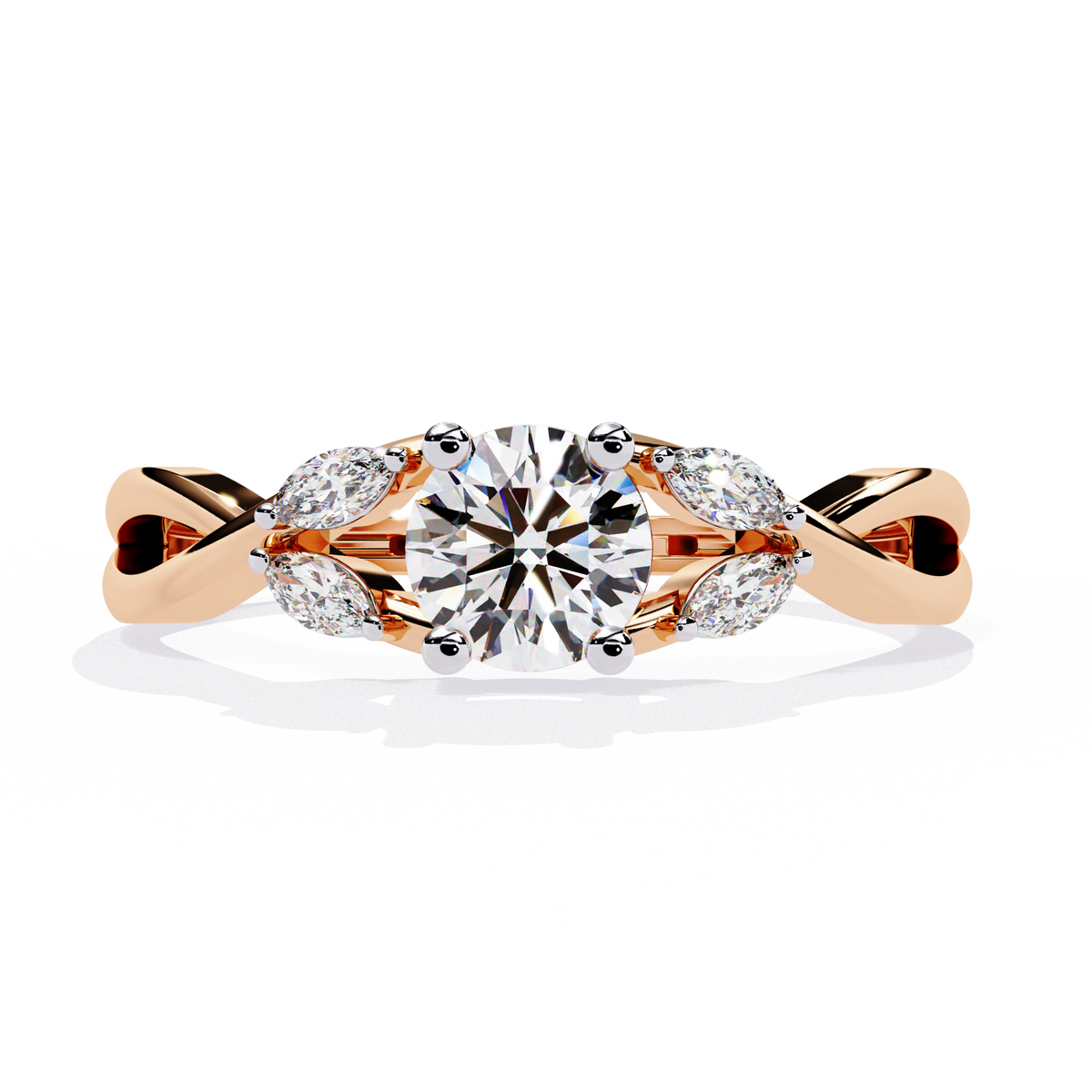 Gold Round Diamond Solitaire Ring with Marquise Leaf Vine Shank