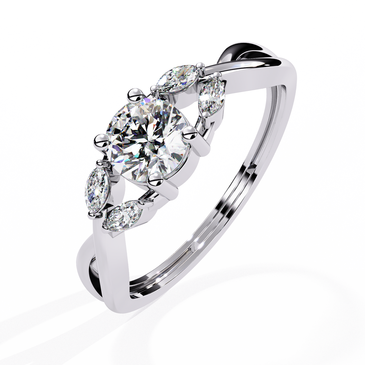 White Gold Round Diamond Marquise Vine Twist Ring