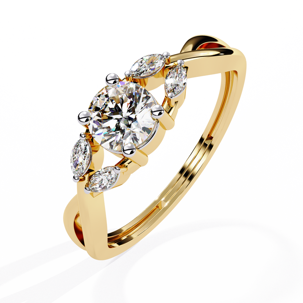 Gold Round Diamond Solitaire Ring with Marquise Leaf Vine Shank