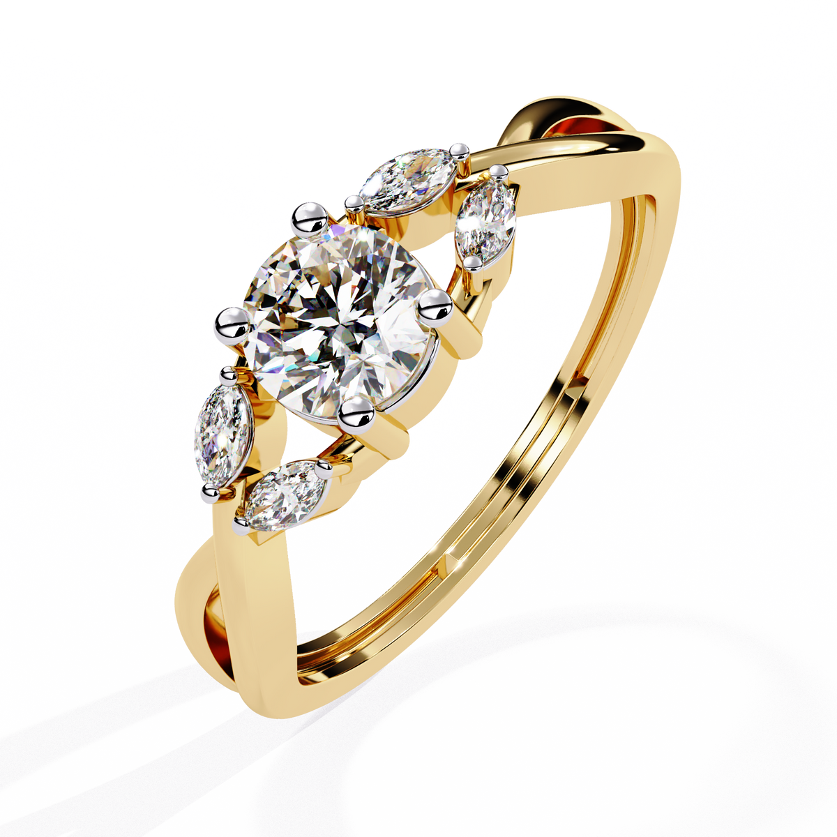 Gold Round Diamond Solitaire Ring with Marquise Leaf Vine Shank