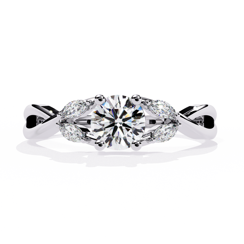 White Gold Round Diamond Marquise Vine Twist Ring