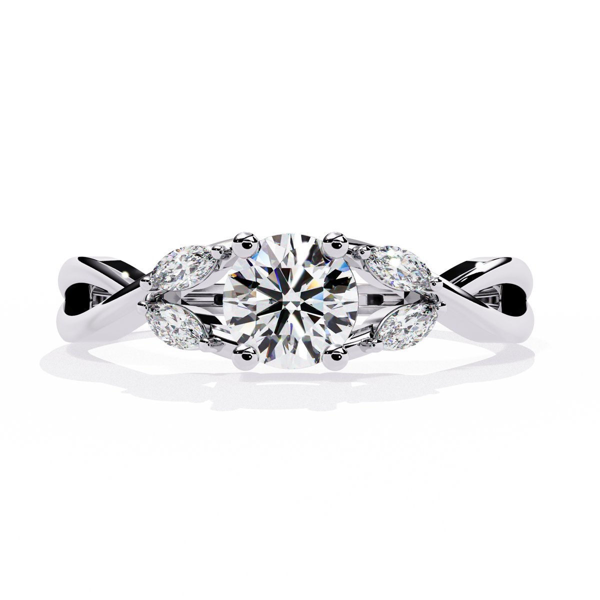 White Gold Round Diamond Marquise Vine Twist Ring