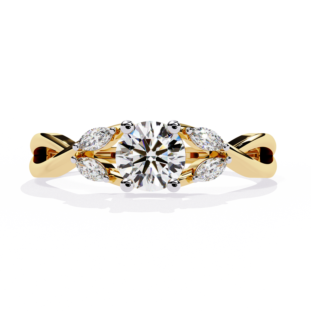Yellow Gold Round Diamond Marquise Vine Twist Ring