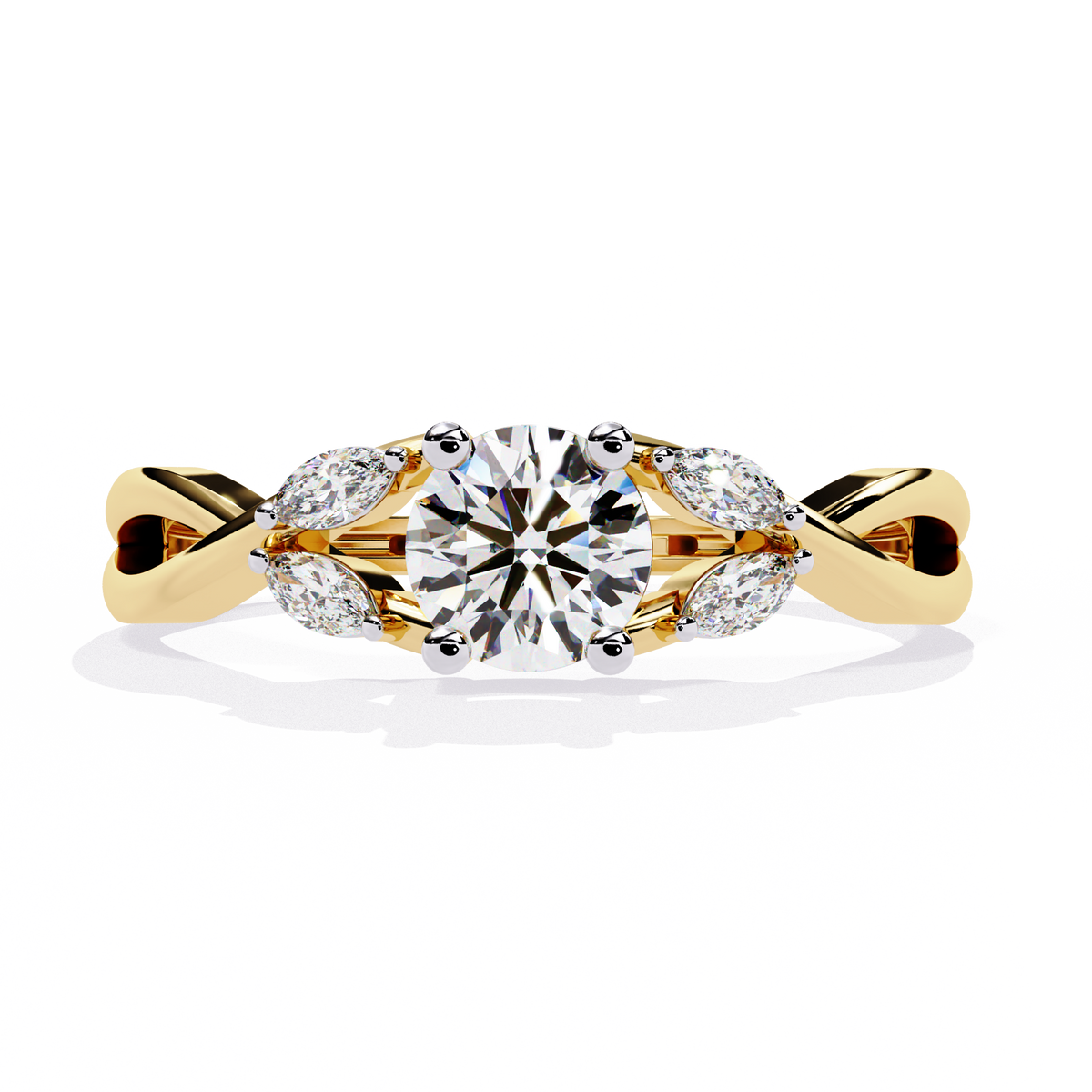 Yellow Gold Round Diamond Marquise Vine Twist Ring