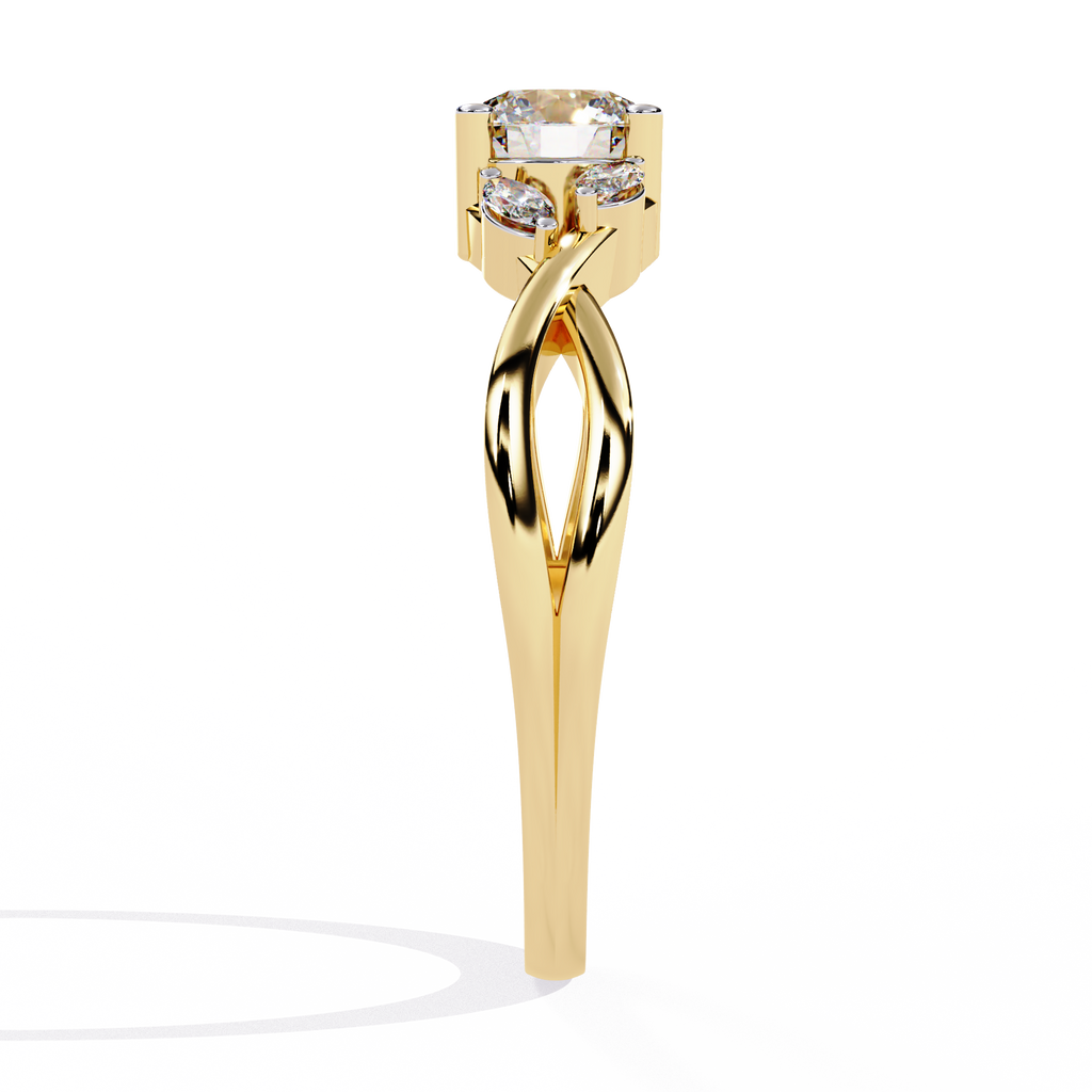 Gold Round Diamond Solitaire Ring with Marquise Leaf Vine Shank
