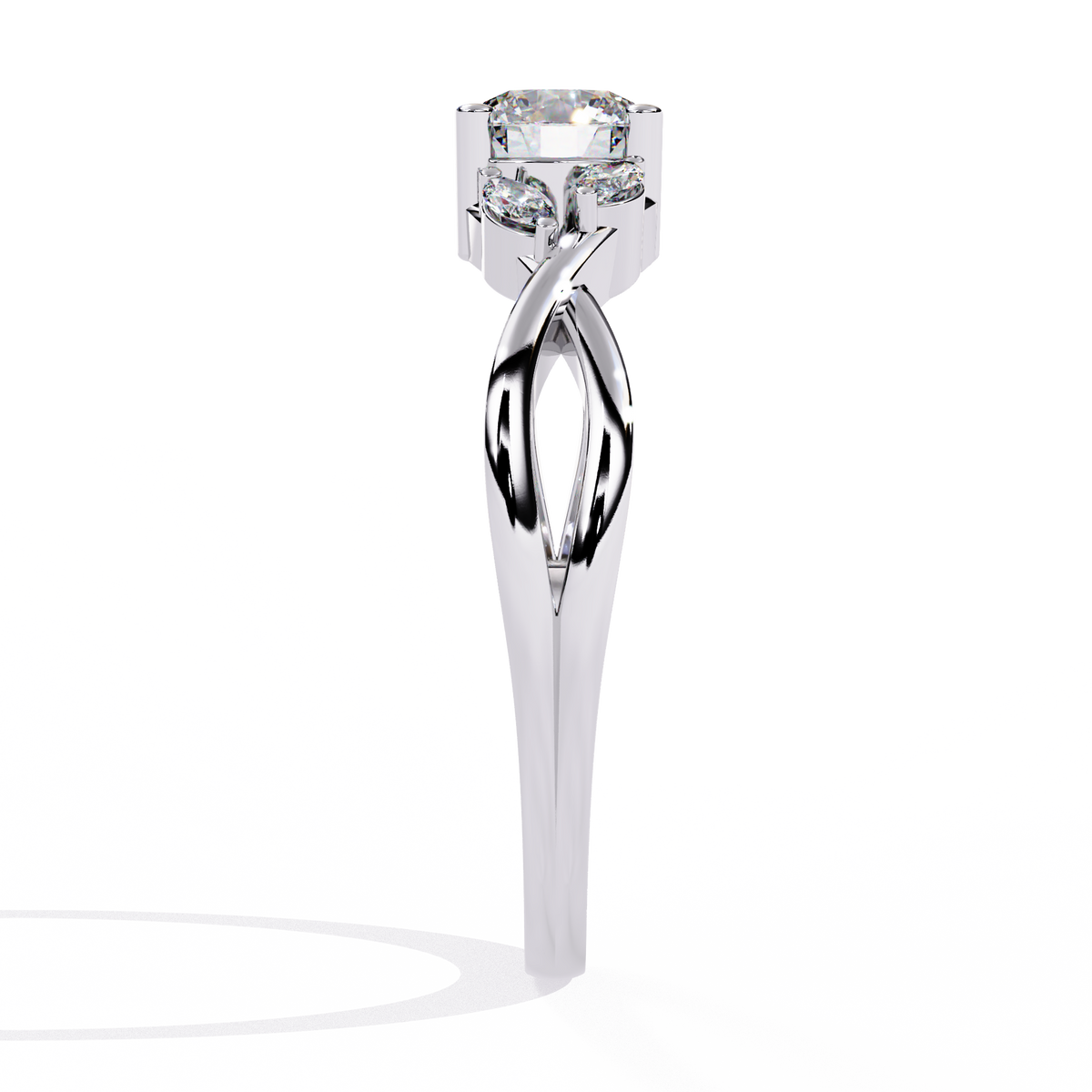White Gold Round Diamond Marquise Vine Twist Ring