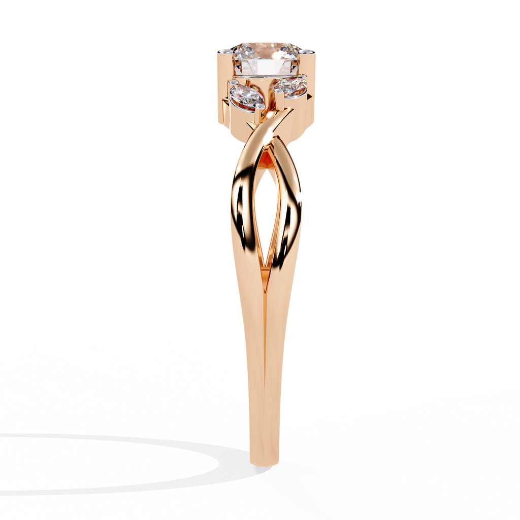 Gold Round Diamond Solitaire Ring with Marquise Leaf Vine Shank