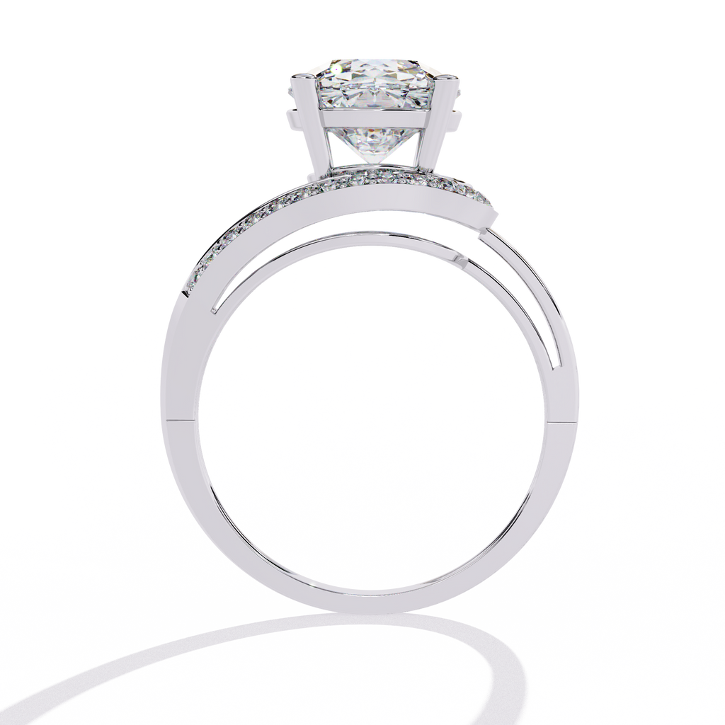 White Gold Round Solitaire Bypass Pavé Shoulder Ring