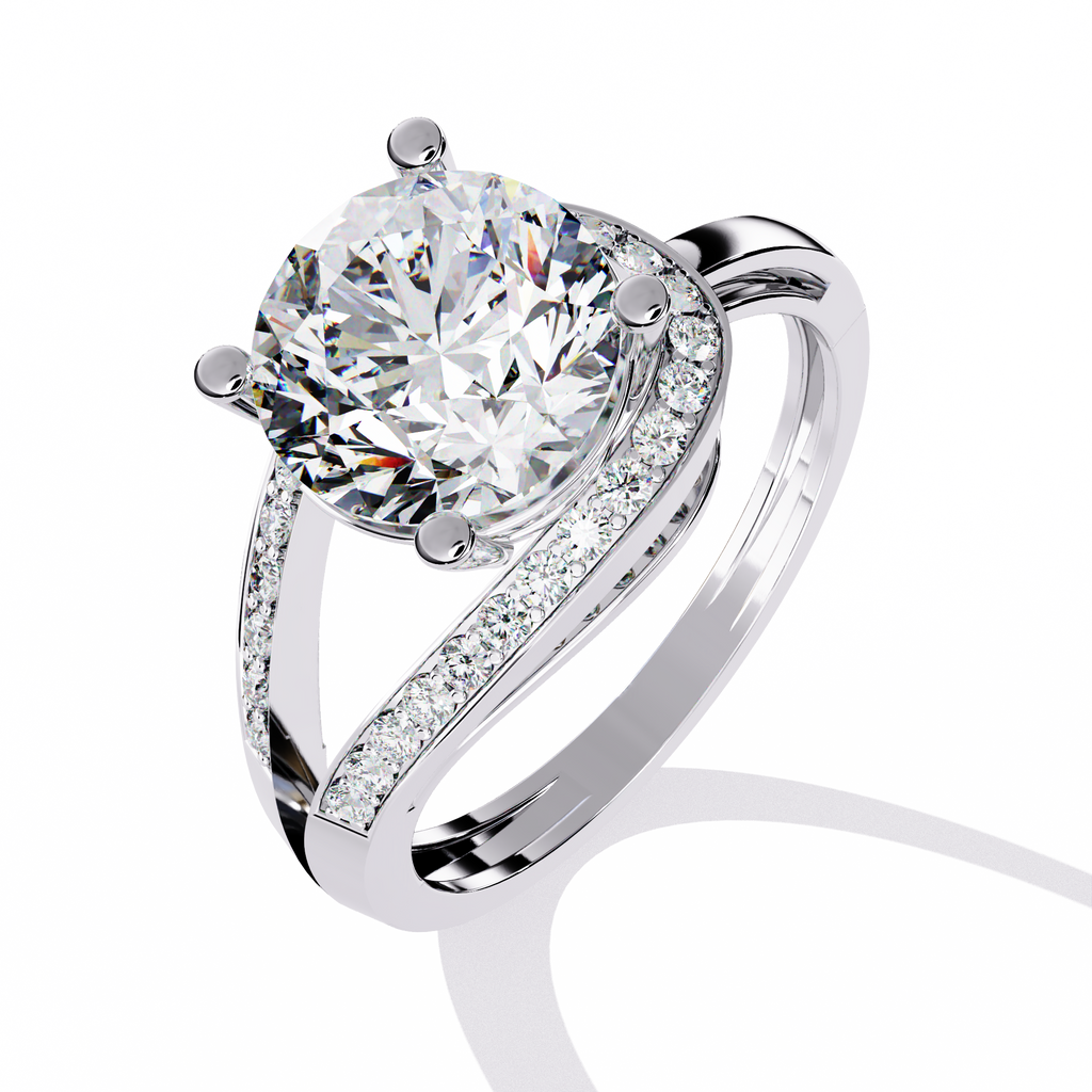 White Gold Round Solitaire Bypass Pavé Shoulder Ring