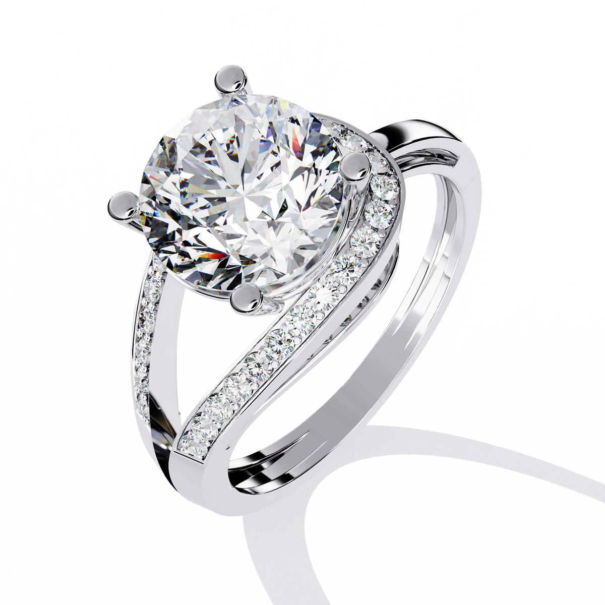 White Gold Round Solitaire Bypass Pavé Shoulder Ring