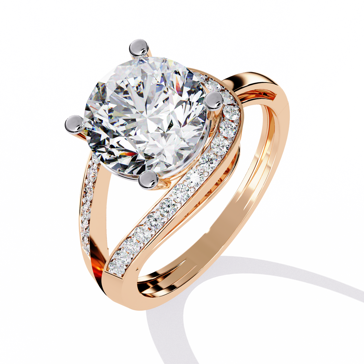Gold Round Diamond Solitaire Ring with Diamond Bypass Shank