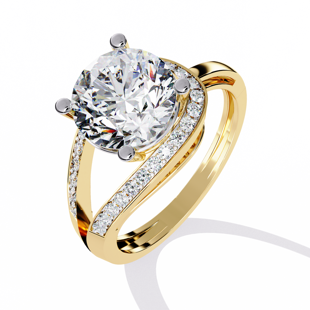 Gold Round Diamond Solitaire Ring with Diamond Bypass Shank