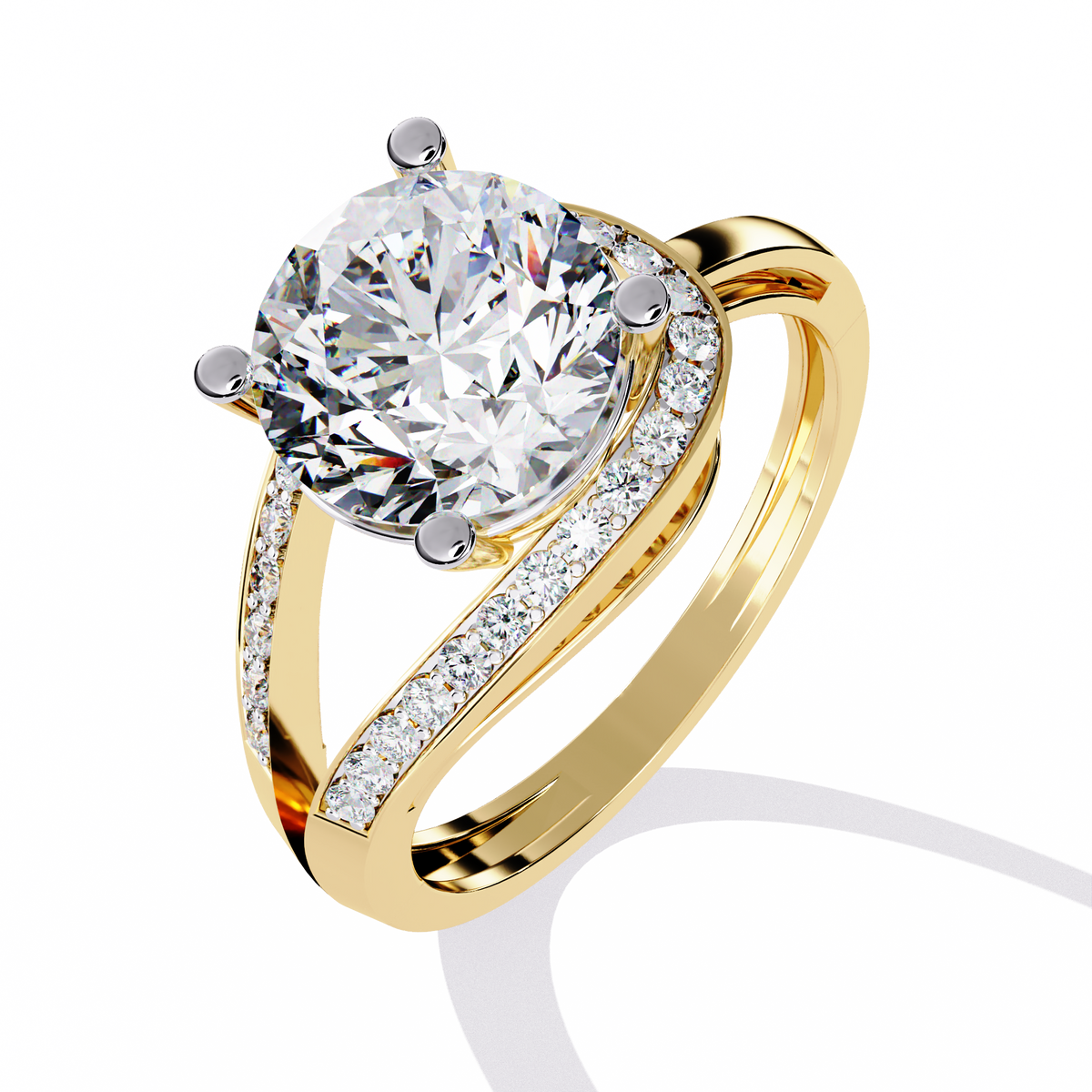 Gold Round Diamond Solitaire Ring with Diamond Bypass Shank