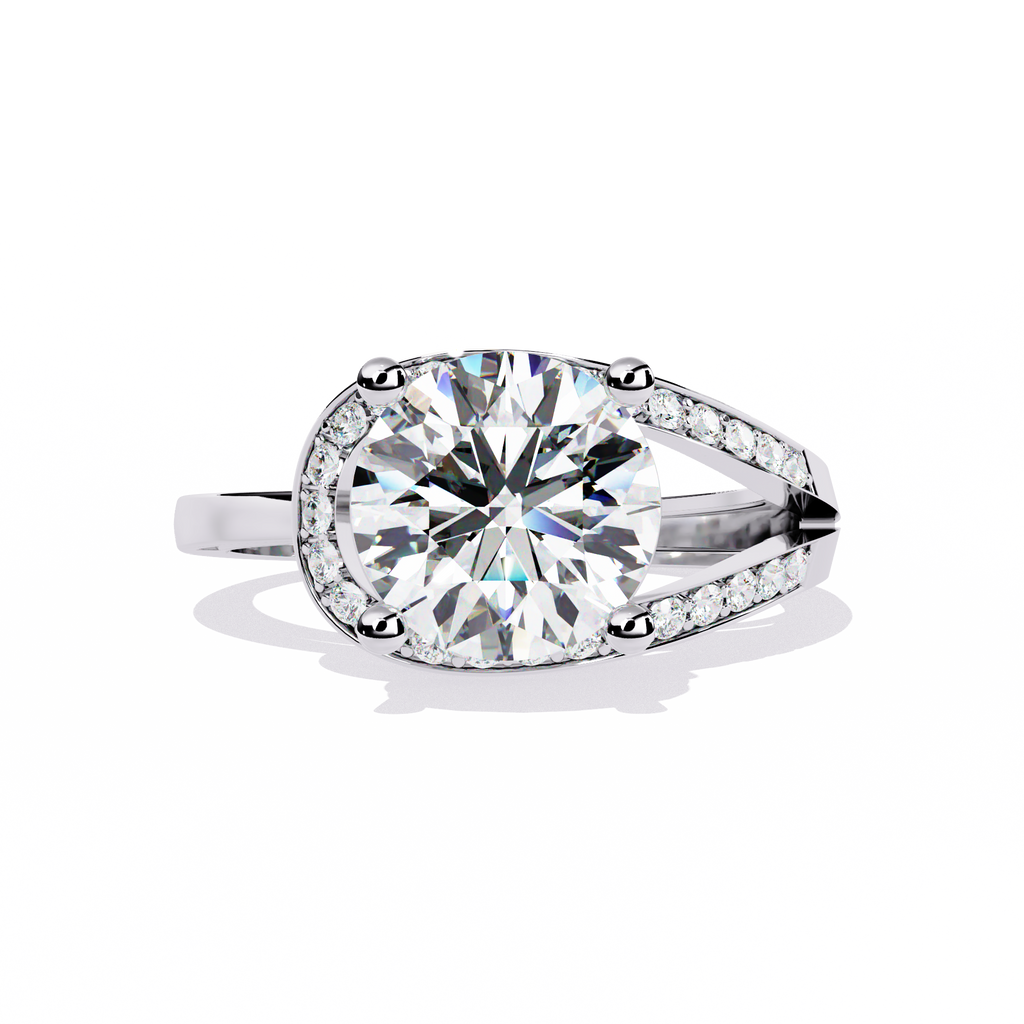 White Gold Round Solitaire Bypass Pavé Shoulder Ring
