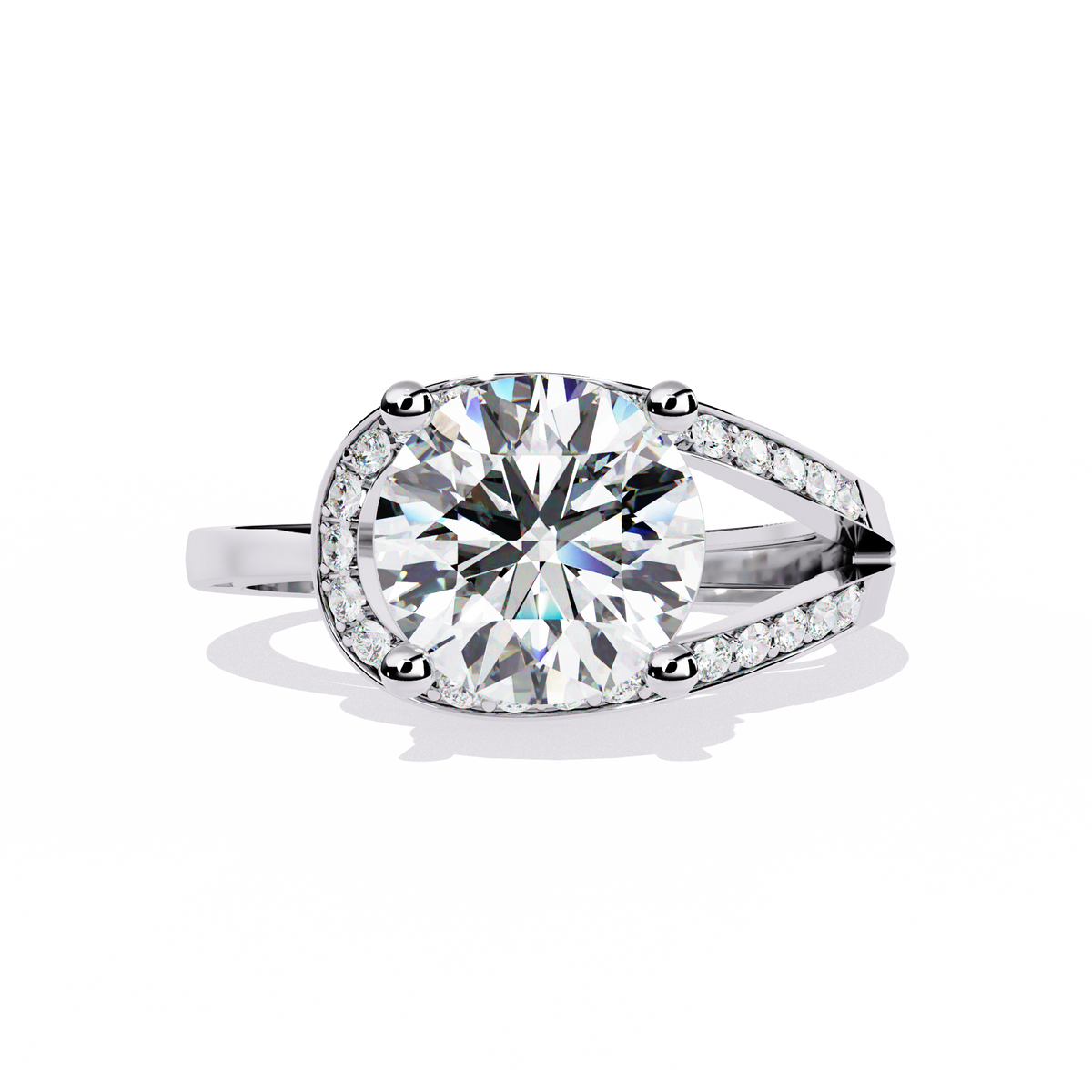 White Gold Round Solitaire Bypass Pavé Shoulder Ring