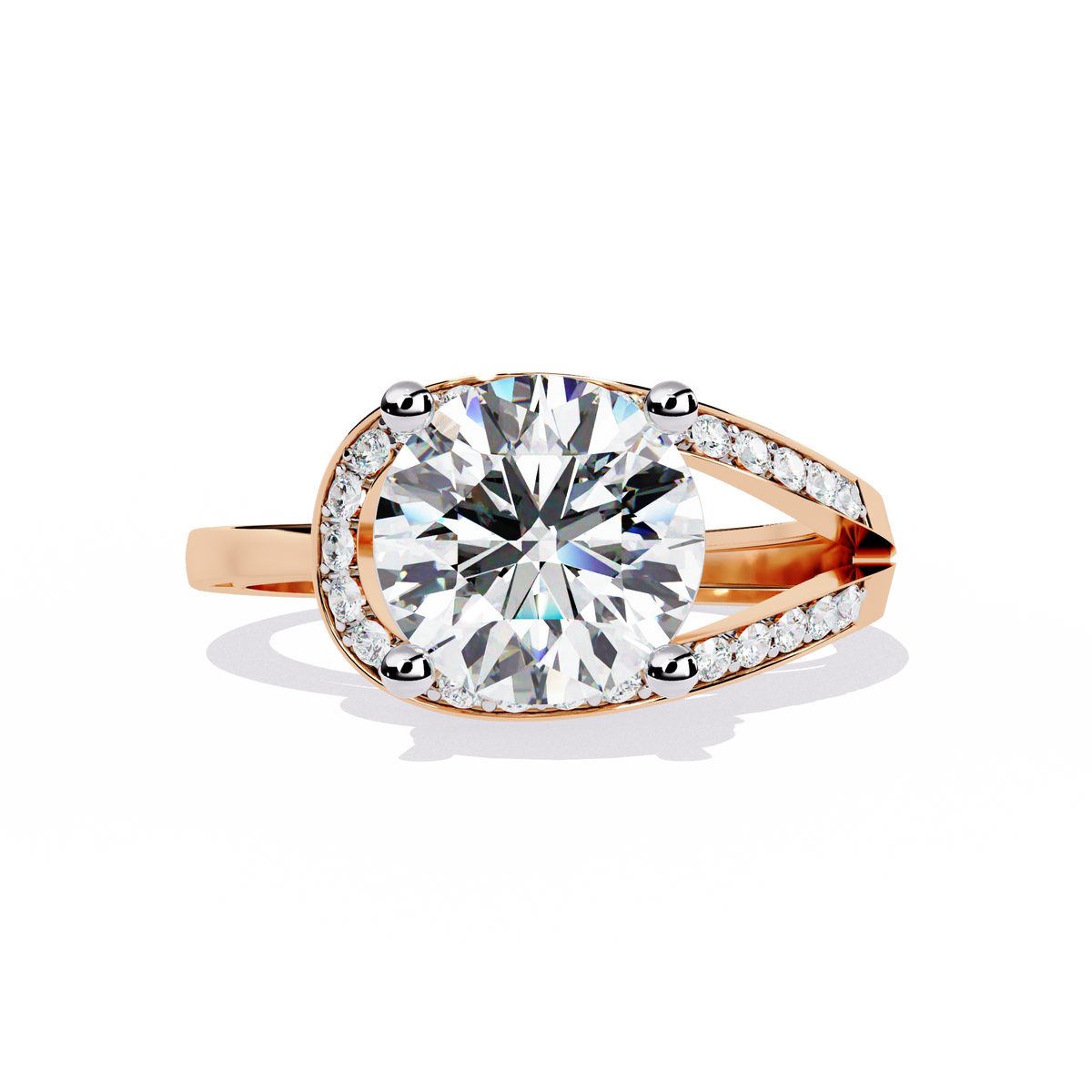 Gold Round Diamond Solitaire Ring with Diamond Bypass Shank
