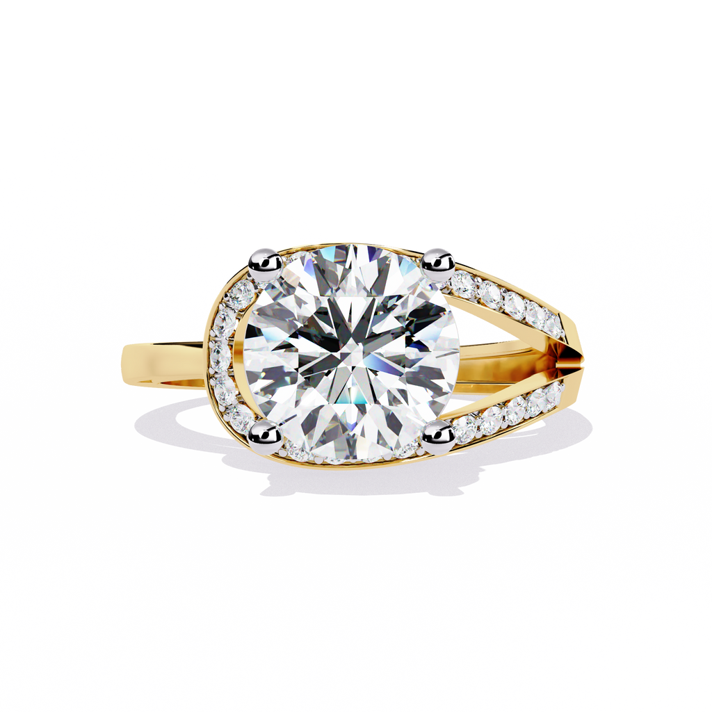 Gold Round Diamond Solitaire Ring with Diamond Bypass Shank