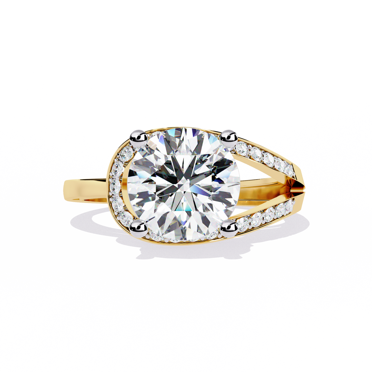 Gold Round Diamond Solitaire Ring with Diamond Bypass Shank