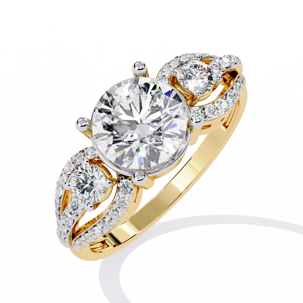 Yellow Gold Round Three-Stone Swirl Pavé Ring