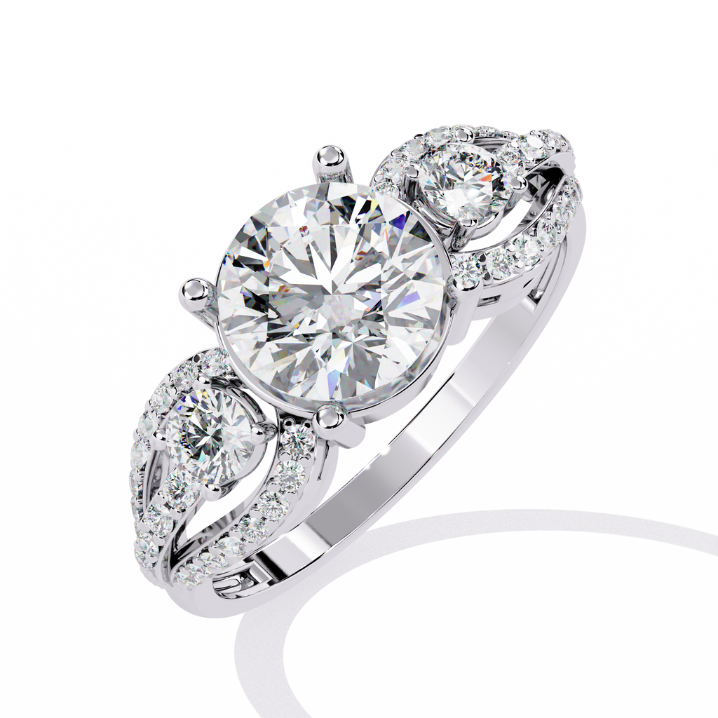 White Gold Round Three-Stone Swirl Pavé Ring