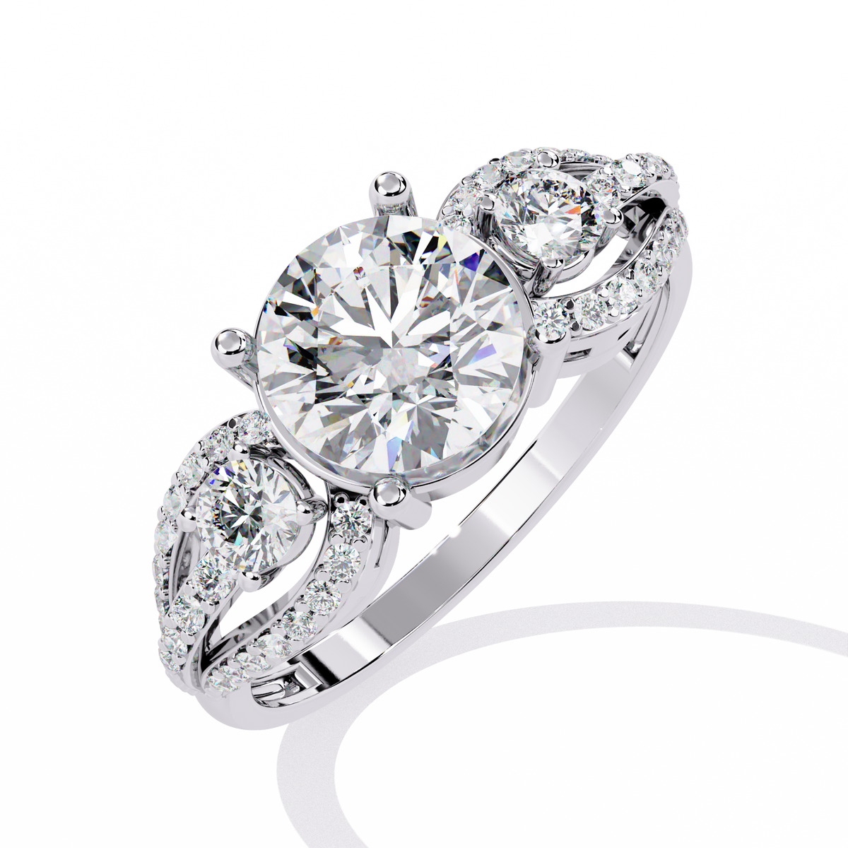 White Gold Round Three-Stone Swirl Pavé Ring