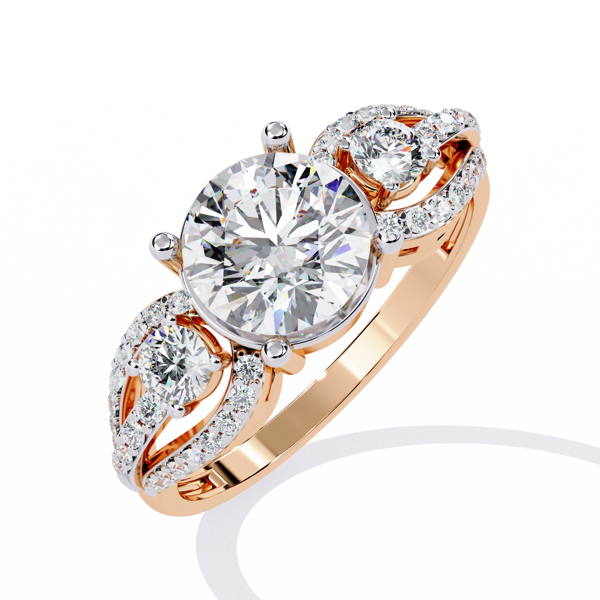 Rose Gold Round Three-Stone Swirl Pavé Ring