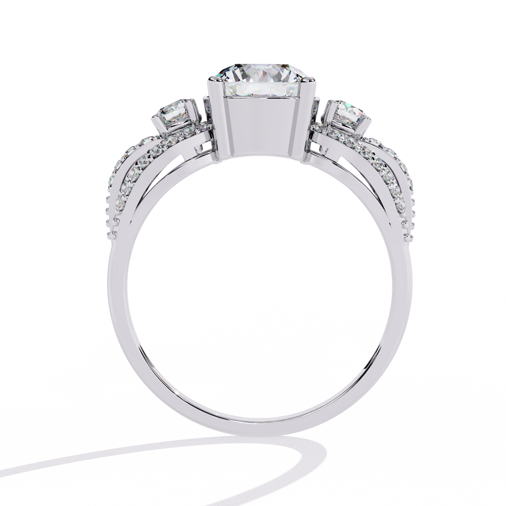 White Gold Round Three-Stone Swirl Pavé Ring