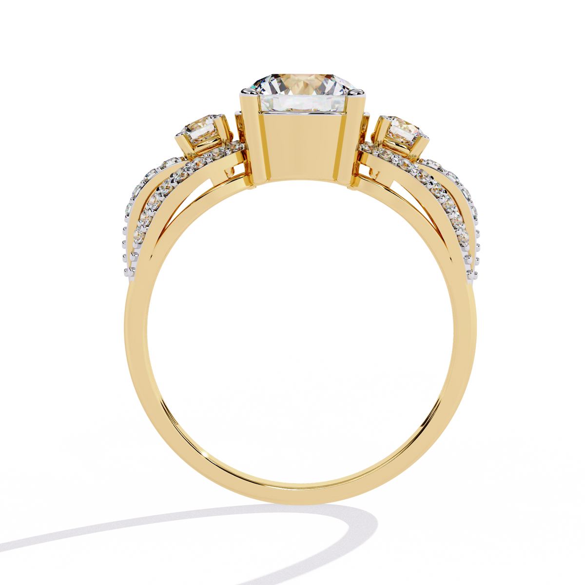 Yellow Gold Round Three-Stone Swirl Pavé Ring