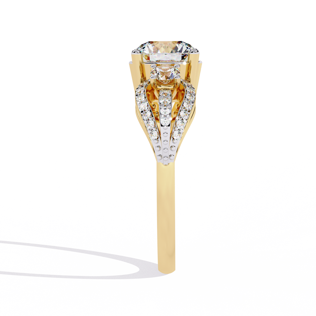 Yellow Gold Round Three-Stone Swirl Pavé Ring