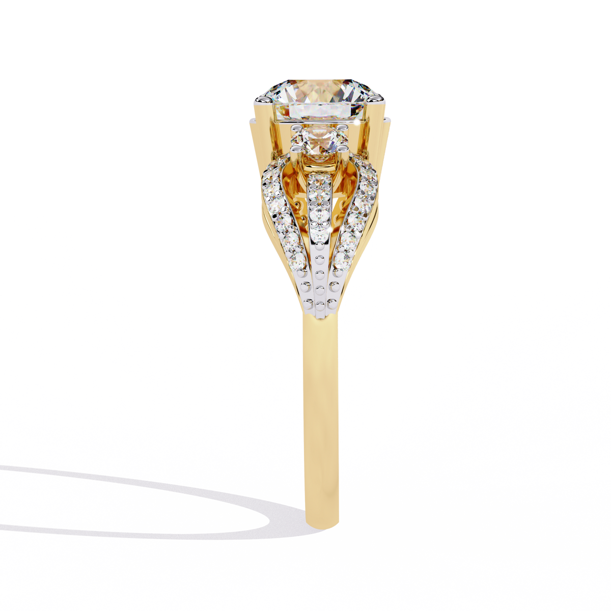 Yellow Gold Round Three-Stone Swirl Pavé Ring