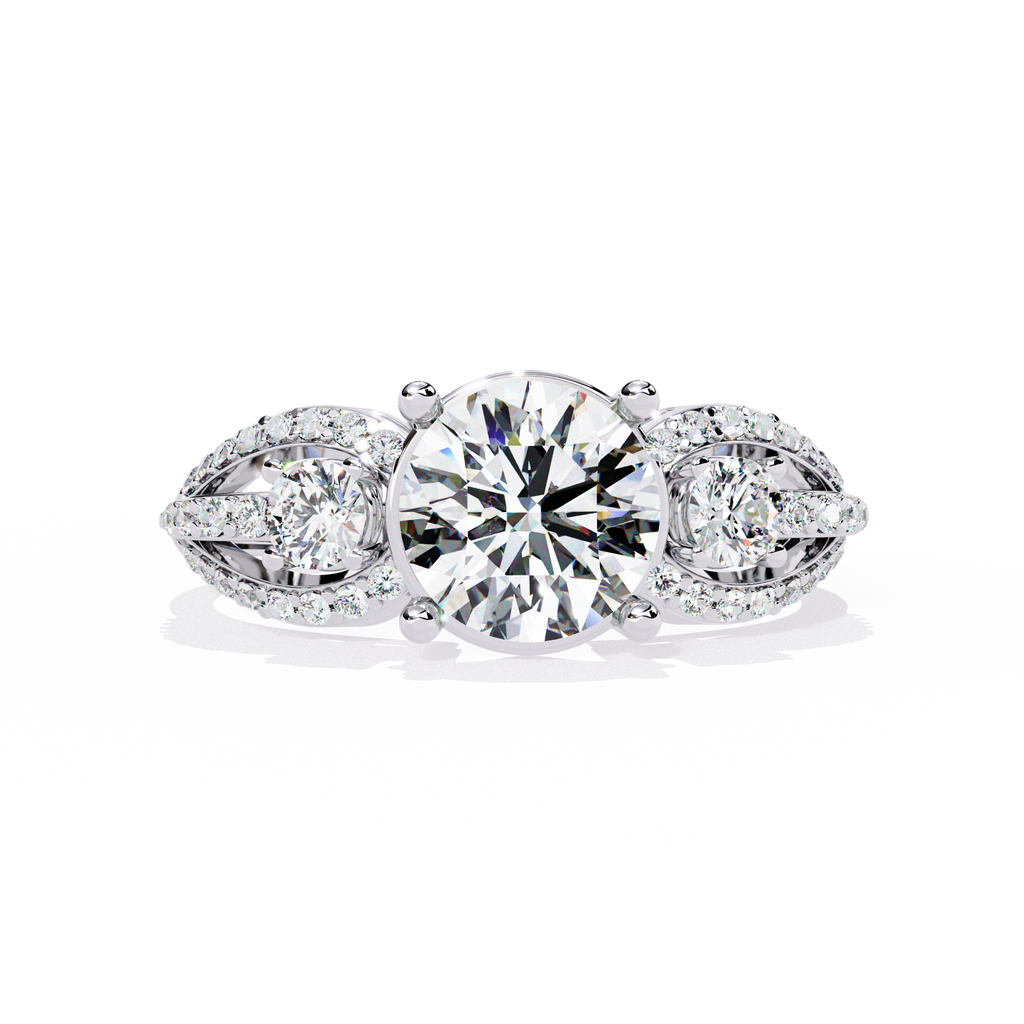 White Gold Round Three-Stone Swirl Pavé Ring