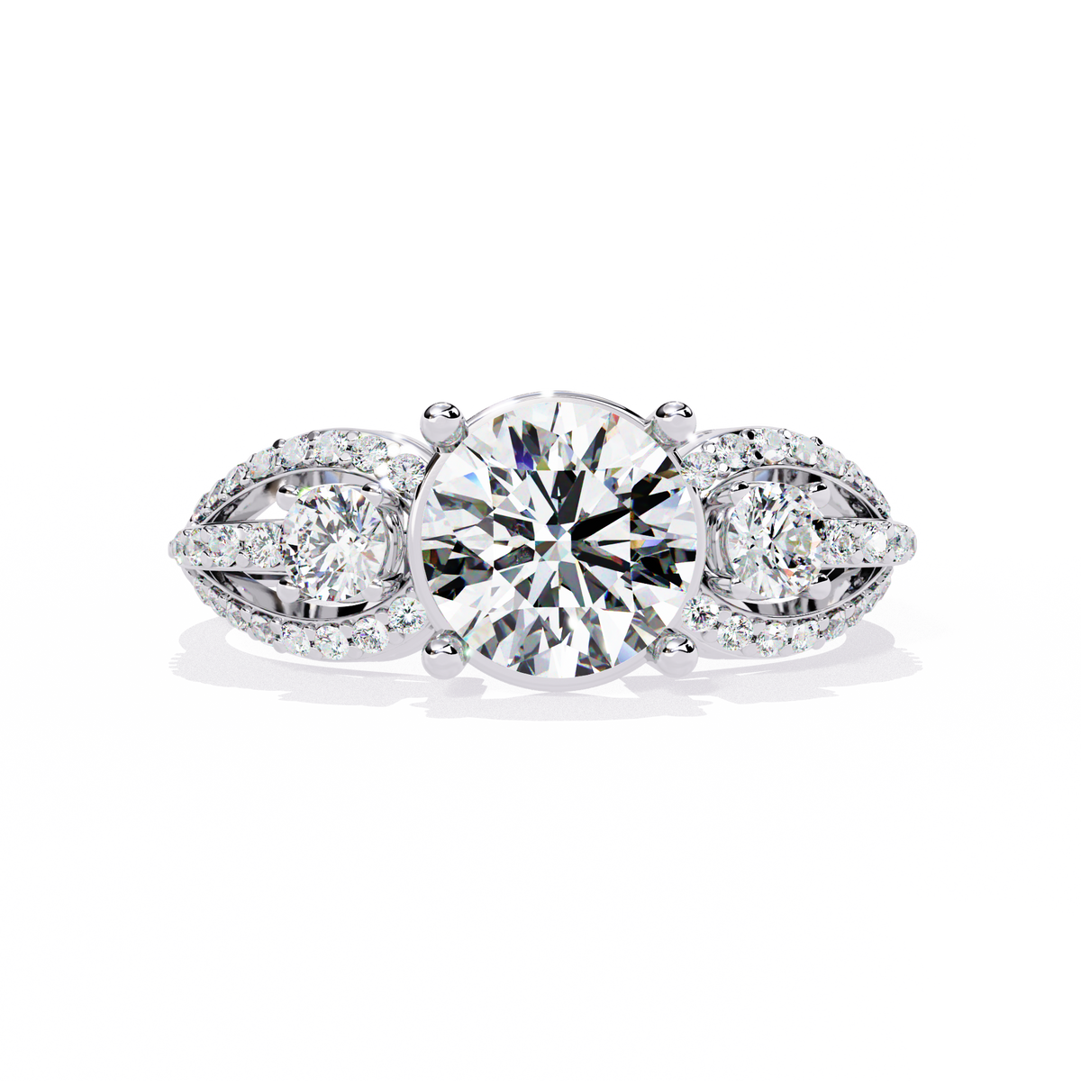 White Gold Round Three-Stone Swirl Pavé Ring