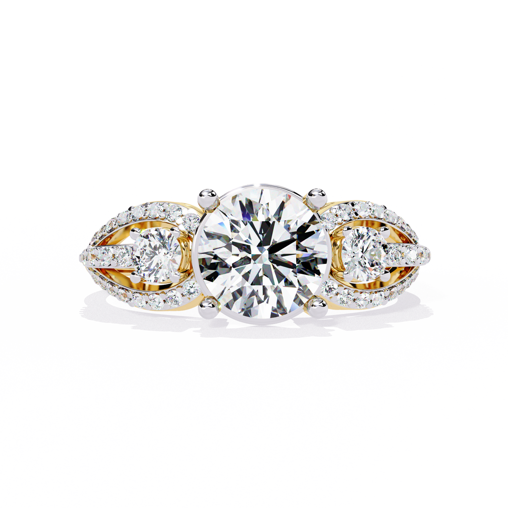 Yellow Gold Round Three-Stone Swirl Pavé Ring
