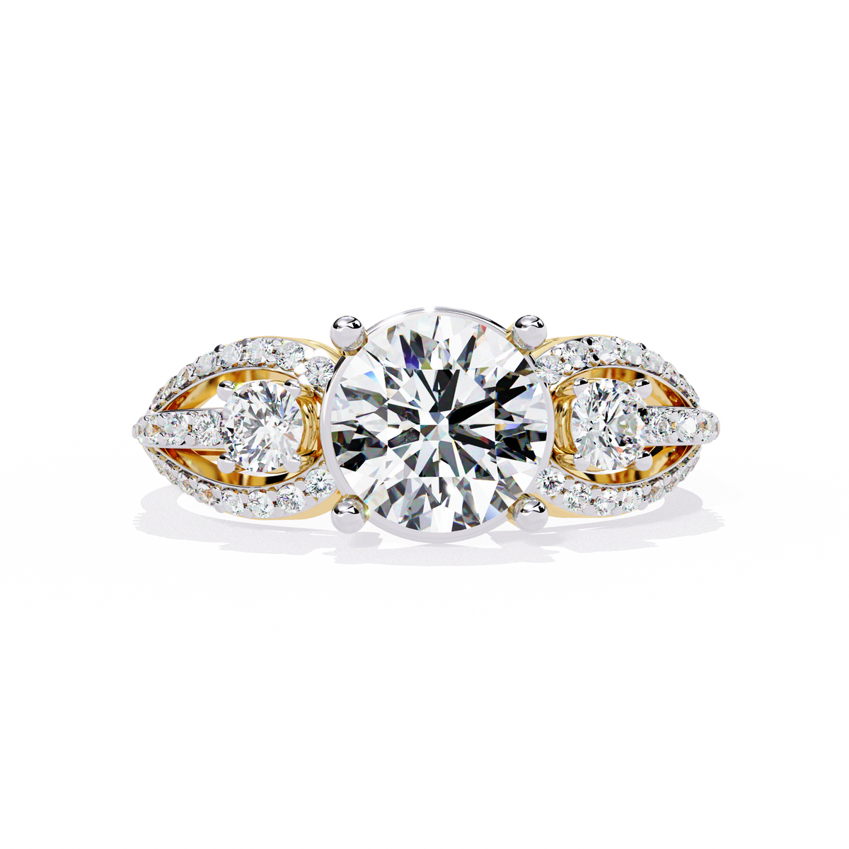 Yellow Gold Round Three-Stone Swirl Pavé Ring