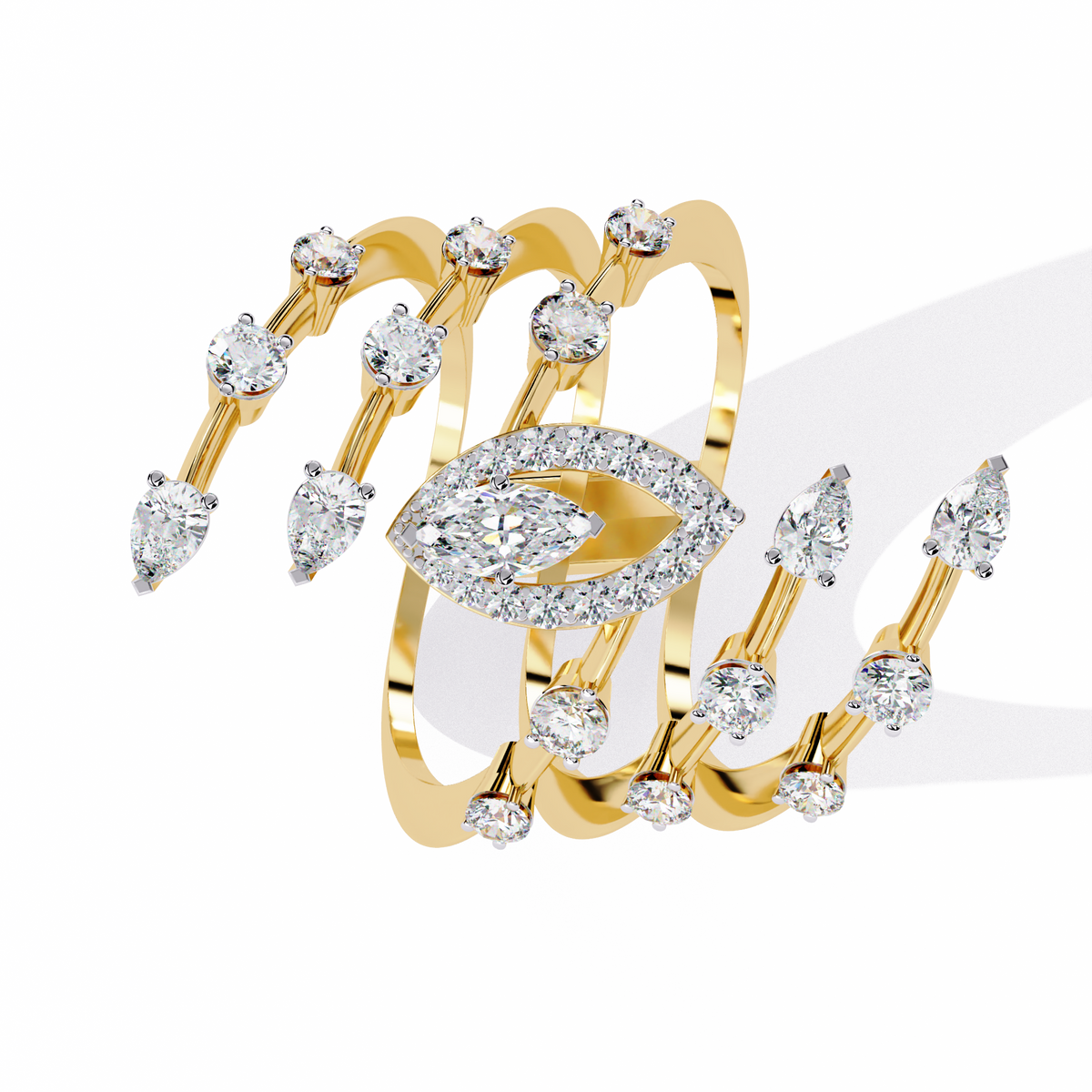 Yellow Gold Marquise & Multi-Diamond Five-Row Statement Ring