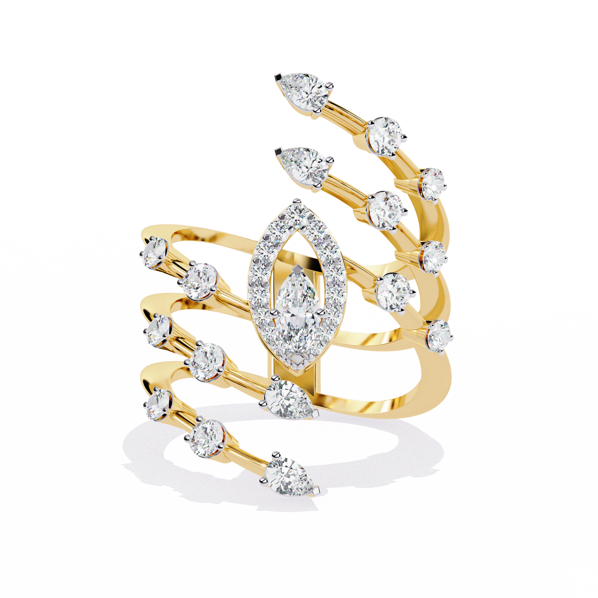 Yellow Gold Marquise & Multi-Diamond Five-Row Statement Ring