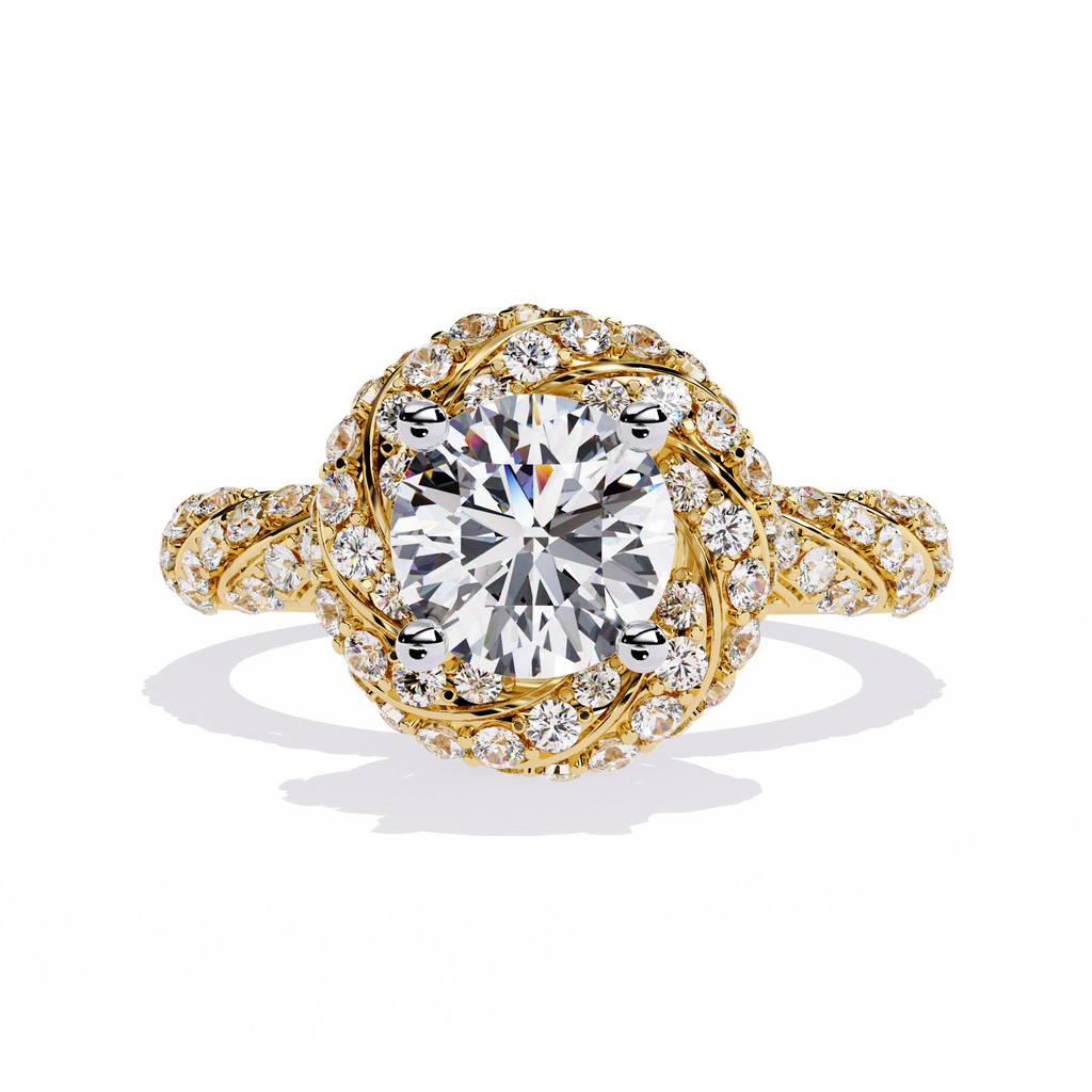 Yellow Gold Round Brilliant Diamond Swirl Halo Engagement Ring