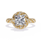 Yellow Gold Round Brilliant Diamond Swirl Halo Engagement Ring
