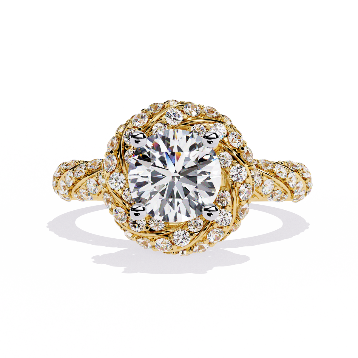 Yellow Gold Round Brilliant Diamond Swirl Halo Engagement Ring